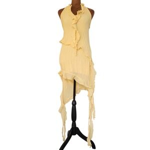Zara Dress Size M Asymmetrical Ruffle Light Yellow Halter Crinkle Chiffon